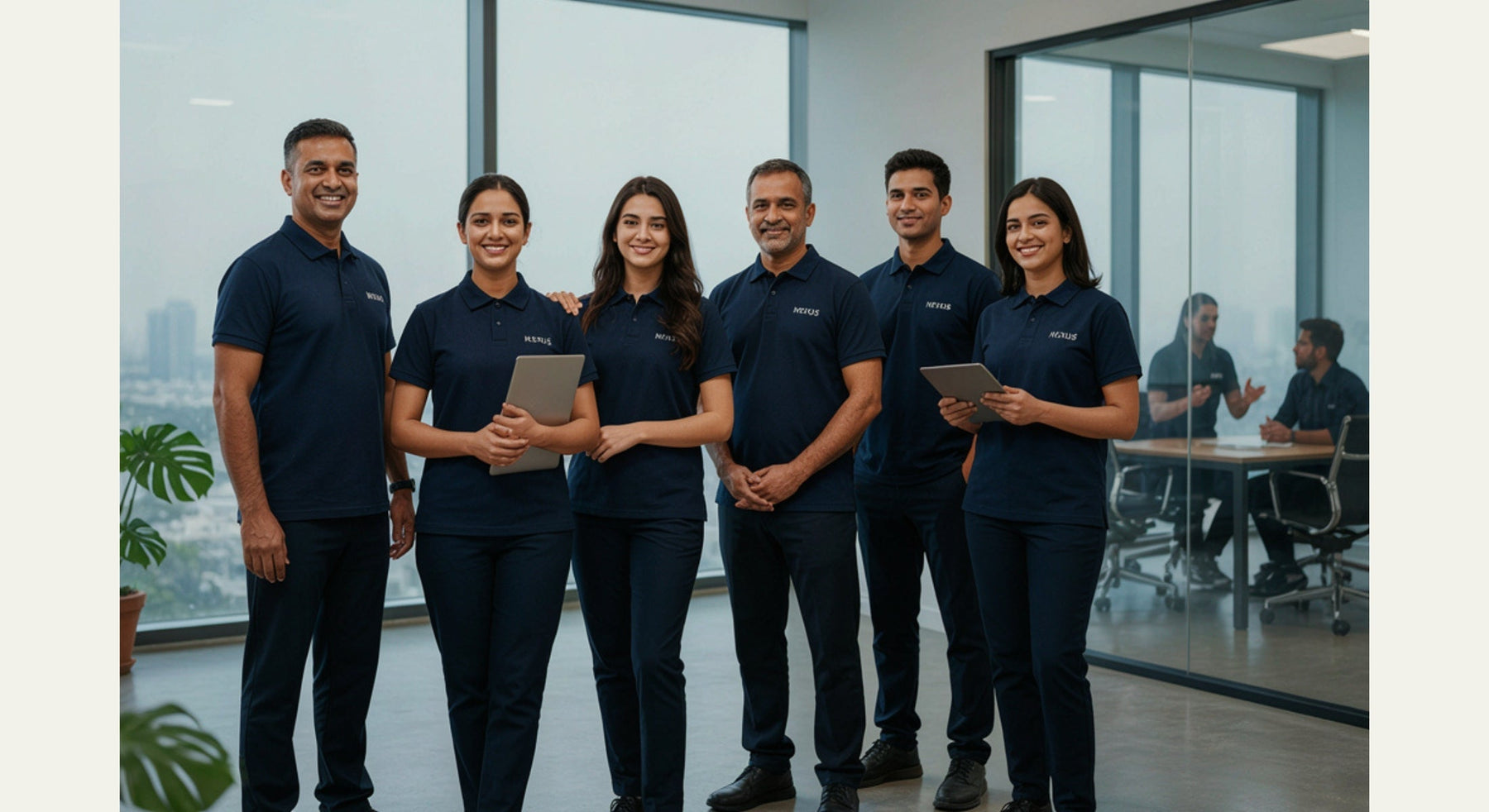 Indian employees wearing branded corporate uniforms in a modern office.