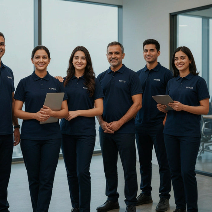 Indian employees wearing branded corporate uniforms in a modern office.