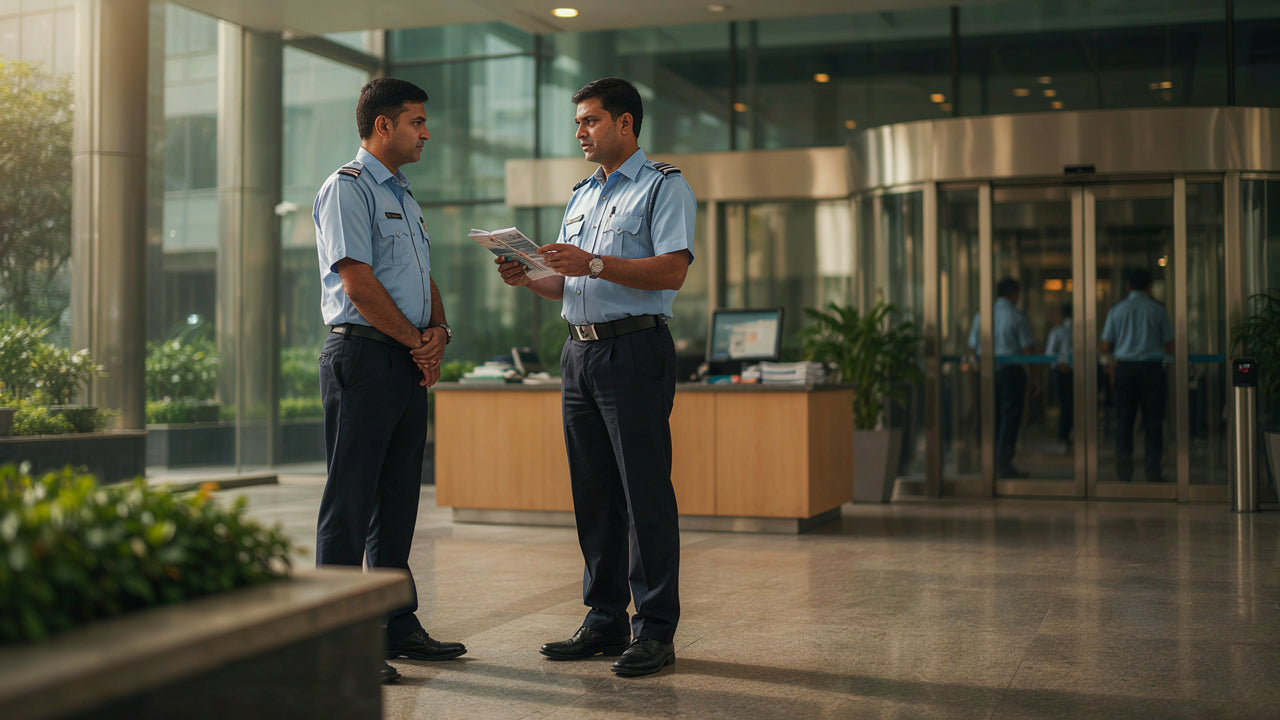 Indian security guards in professional uniforms working at a corporate building entrance.