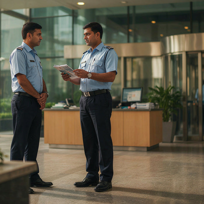 Indian security guards in professional uniforms working at a corporate building entrance.